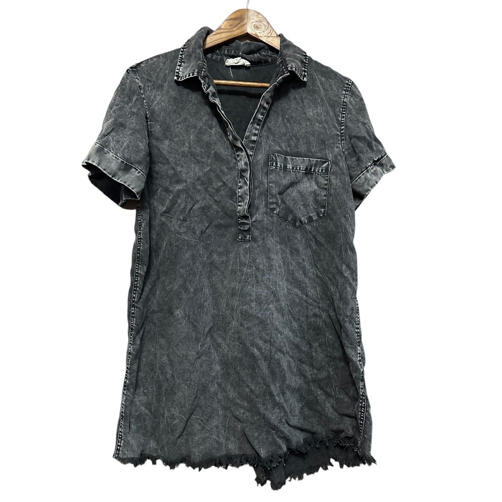 Day + Moon‎ Acid Wash Tencel Shirt Dress Button Front Raw Hem Short Sleeve